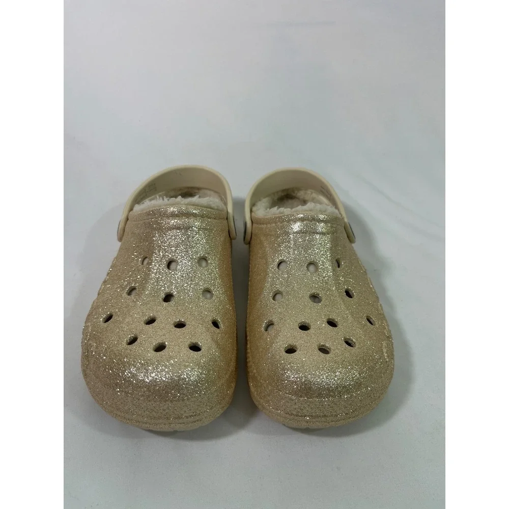 Kids Crocs Glitter Lined Faux Fur‎ Clogs Sparkle Cozy Gold/Cream Size J3